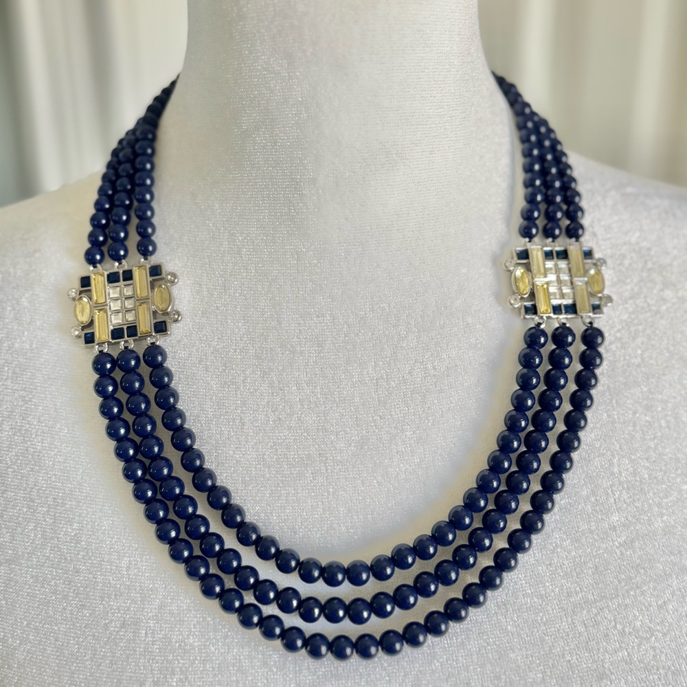 Lia Sophia Signed 3 Strand Navy Beaded Lens Flare Retired Collectible Necklace